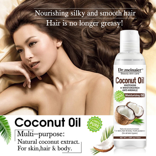 Woman with smooth, shiny hair lying on bed, showcasing Dr.meinaier coconut oil for skin and hair care.