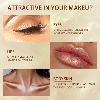Glitter eye makeup, shimmering lips, and radiant body skin promoting FashionRay beauty.