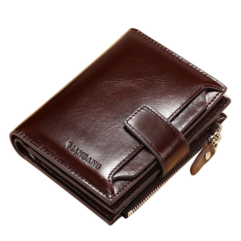 Shiny brown leather wallet with snap closure and zipper, FashionRay trendy accessory