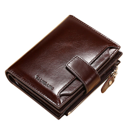 Shiny brown leather wallet with snap closure and zipper, FashionRay trendy accessory