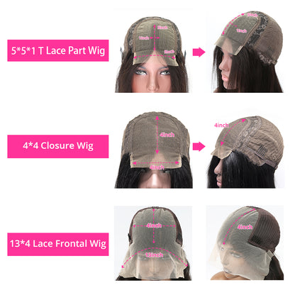 Comparison of 5x5x1 T lace part wig, 4x4 closure wig, and 13x4 lace frontal wig cap styles from FashionRay