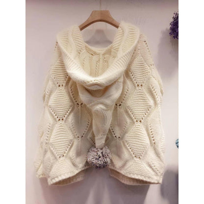Cream knit hooded sweater with textured diamond pattern and pom-pom, FashionRay winter style