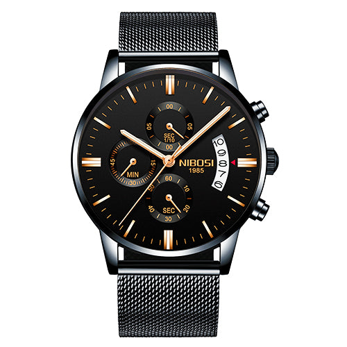 Men's black NIBOSI wristwatch with mesh band and gold accents, modern design at FashionRay.