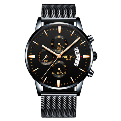 Men's black NIBOSI wristwatch with mesh band and gold accents, modern design at FashionRay.