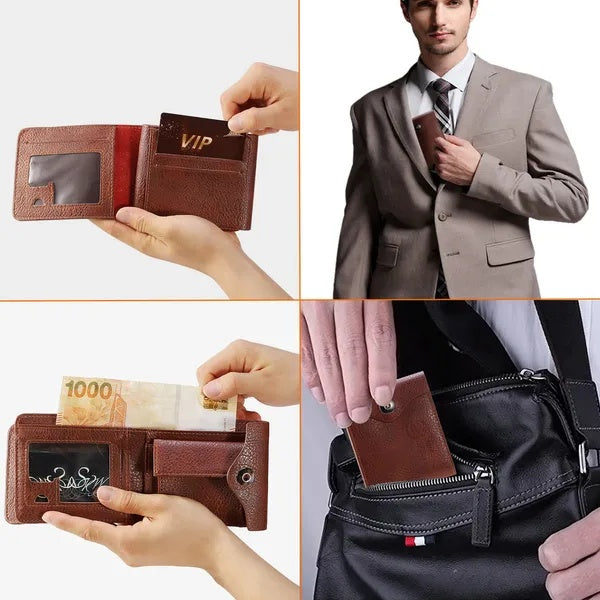 Brown leather wallet for men, shown holding cards, cash, and fitting in suit and bag, FashionRay