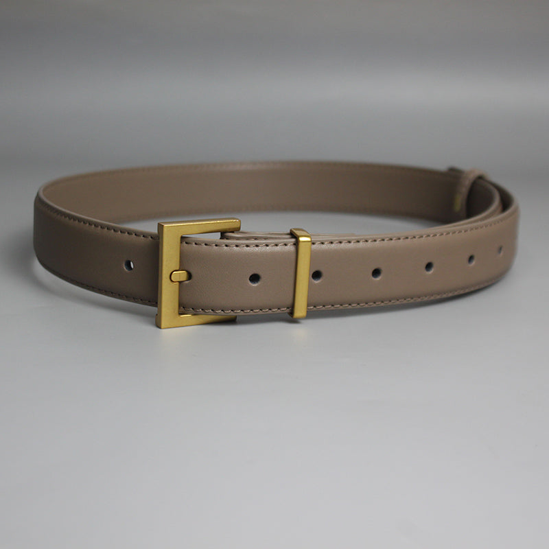 Taupe leather belt with gold buckle, stylish accessory from FashionRay