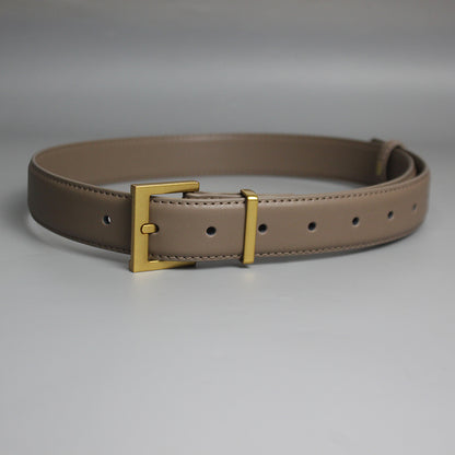 Taupe leather belt with gold buckle, stylish accessory from FashionRay
