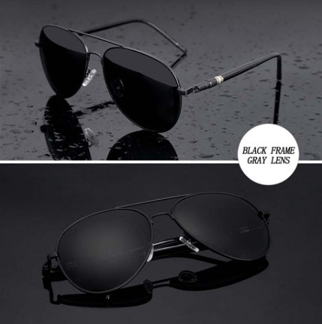 Black frame gray lens aviator sunglasses on wet and dark backgrounds, FashionRay accessories
