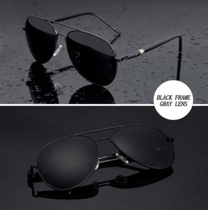 Black frame gray lens aviator sunglasses on wet and dark backgrounds, FashionRay accessories