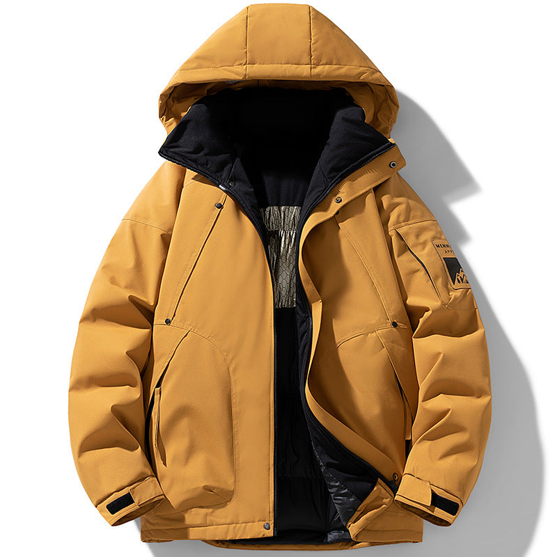 Yellow hooded winter jacket with black inner lining, front pockets, and sleeve patch by FashionRay