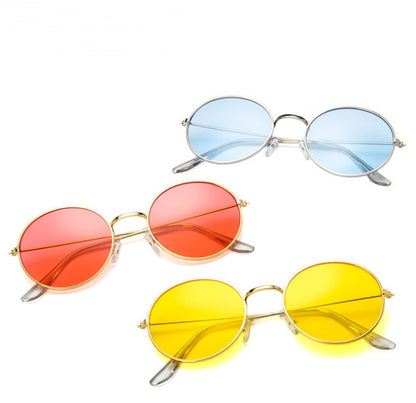 FashionRay round sunglasses trio with blue, red, and yellow tinted lenses on white background