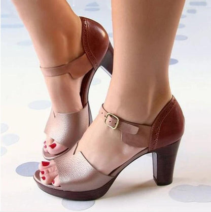 FashionRay chunky heeled sandals with ankle strap, rose gold and brown, stylish comfort shoes