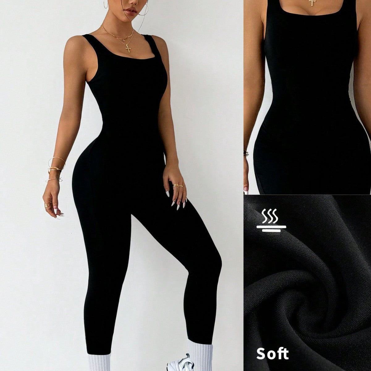 Woman modeling a black sleeveless jumpsuit from FashionRay, showing soft fabric and body-hugging fit.