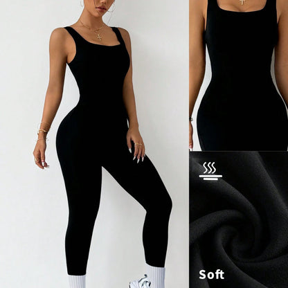 Woman modeling a black sleeveless jumpsuit from FashionRay, showing soft fabric and body-hugging fit.