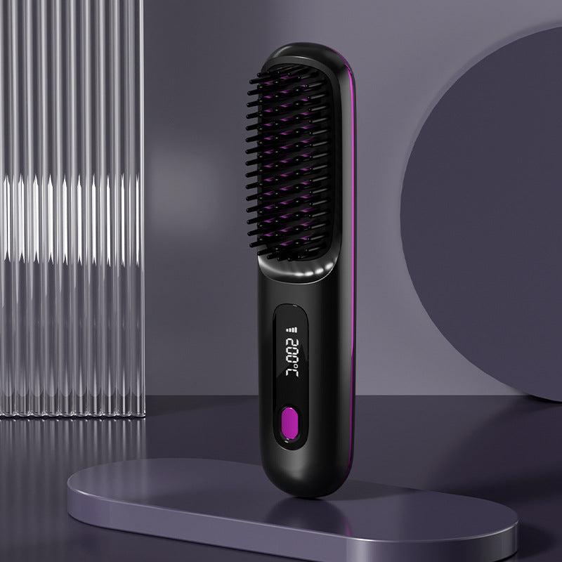 FashionRay black hair straightening brush with digital display on modern purple background