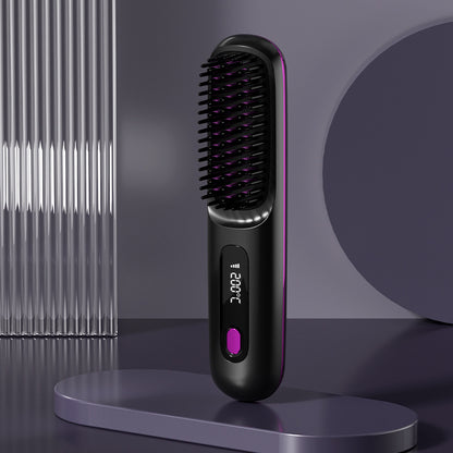 FashionRay black hair straightening brush with digital display on modern purple background