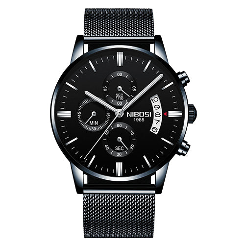 Men’s black stainless steel chronograph watch with mesh band from FashionRay
