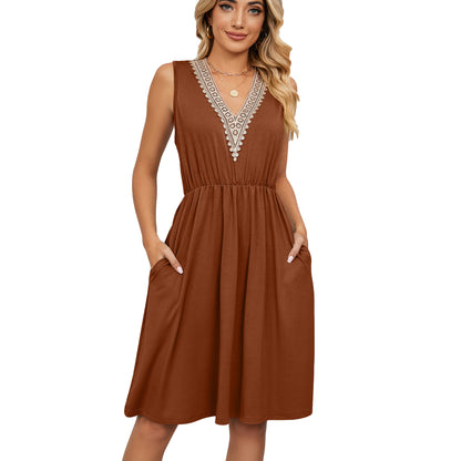 Woman wearing sleeveless brown V-neck dress with crochet trim, FashionRay bold style