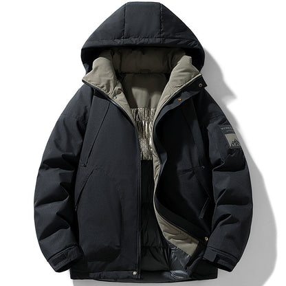 Men's black hooded puffer jacket with contrasting inner lining, FashionRay winter outerwear