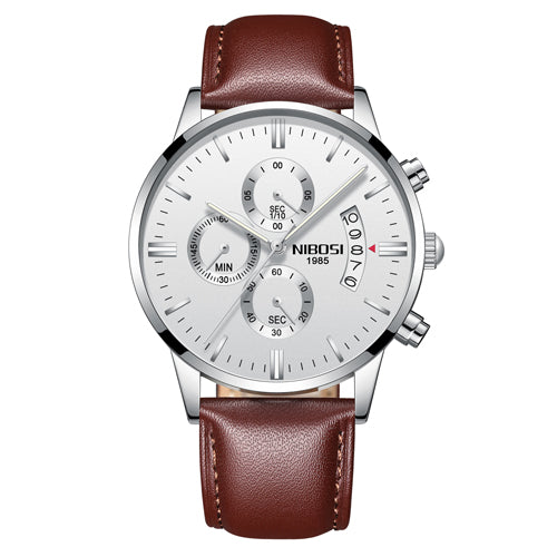 Men's silver chronograph wristwatch with brown leather strap, modern style from FashionRay