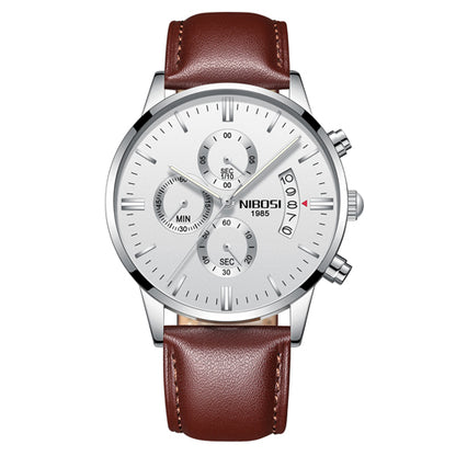 Men's silver chronograph wristwatch with brown leather strap, modern style from FashionRay