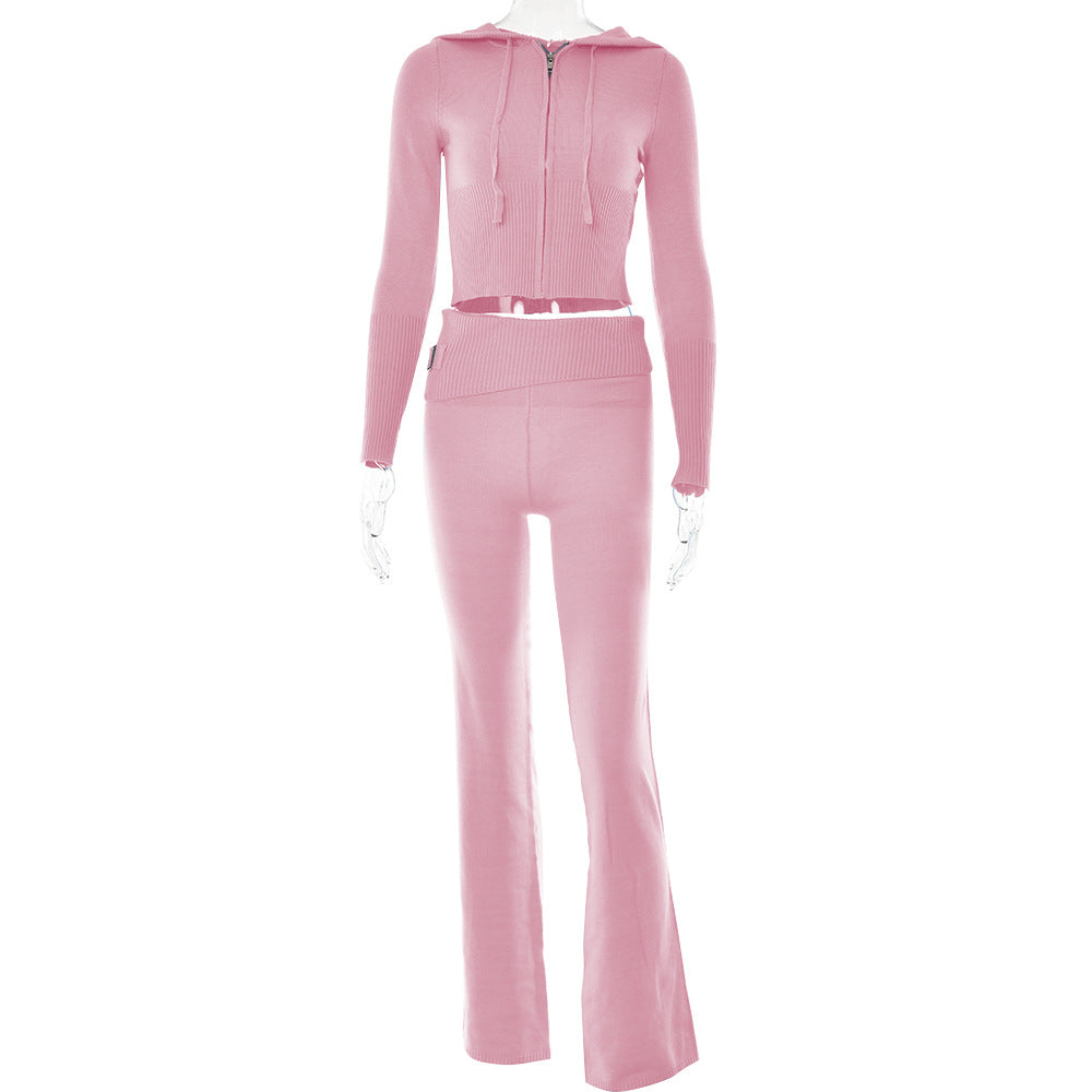 Pink two-piece lounge set with fitted hoodie and flared pants on FashionRay mannequin