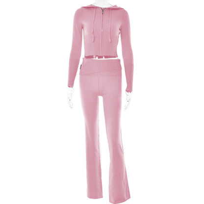 Pink two-piece lounge set with fitted hoodie and flared pants on FashionRay mannequin