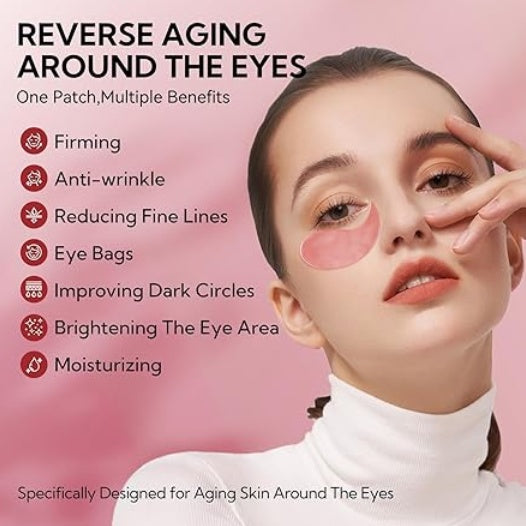 Woman with pink eye patches promoting anti-aging skincare benefits, FashionRay beauty concept.