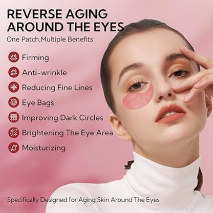 Woman with pink eye patches promoting anti-aging skincare benefits, FashionRay beauty concept.