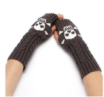 Black knit fingerless gloves with white skull pattern, stylish FashionRay accessory