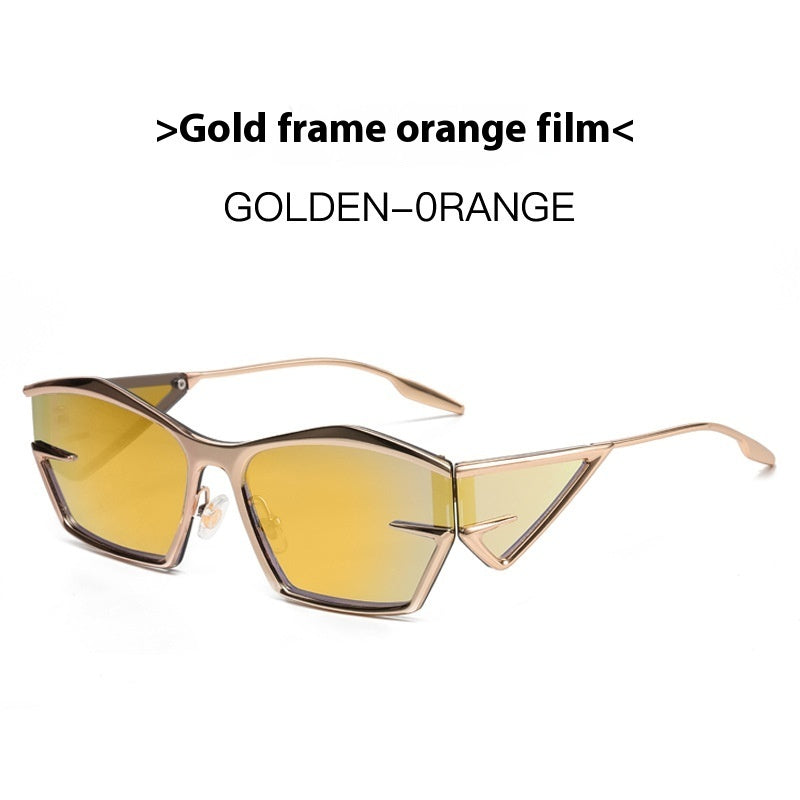Gold frame geometric sunglasses with orange lenses, trendy eyewear at FashionRay