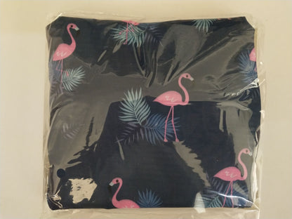 Navy fabric with pink flamingo and palm leaf print, packaged, FashionRay trendy style