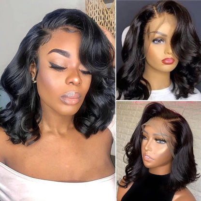 Trendy black body wave wig showcased on model and mannequins, FashionRay bold hairstyle