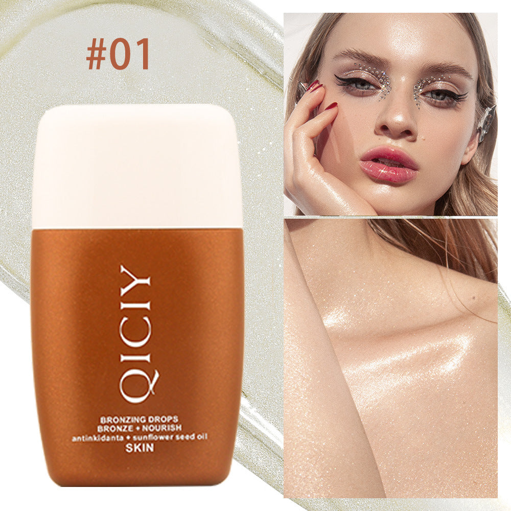 QICIY bronzing drops for glowing skin, model with shimmering makeup and radiant shoulder