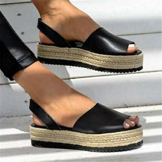 Black platform espadrille sandals with jute soles, trendy comfort footwear by FashionRay