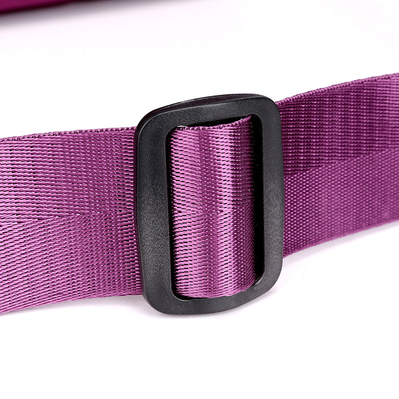 Close-up of a purple nylon belt with black buckle, FashionRay stylish accessory