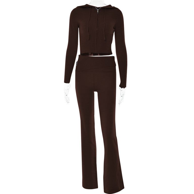 Brown ribbed knit two-piece lounge set with crop zip hoodie and flared pants on mannequin