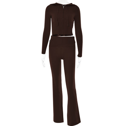 Brown ribbed knit two-piece lounge set with crop zip hoodie and flared pants on mannequin