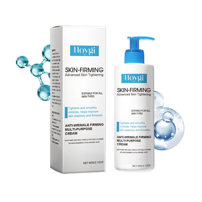 Hoygi Skin-Firming anti-wrinkle cream box and bottle with molecule graphics, skincare product
