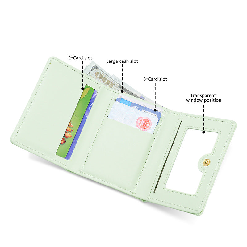 Light green wallet with multiple card slots, cash slot, and transparent ID window, FashionRay