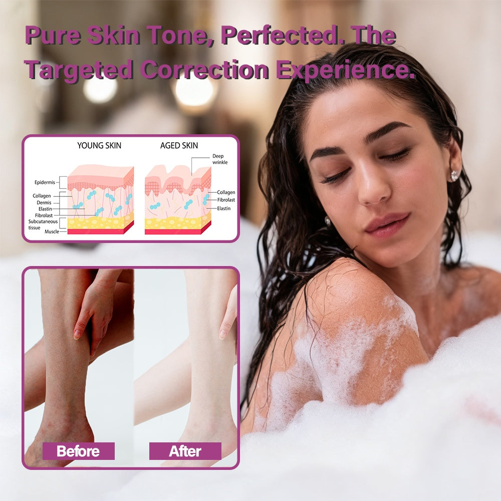 Woman relaxing in bubble bath, skincare before and after, collagen diagram, FashionRay style