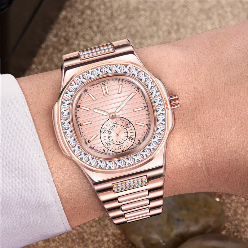 Rose gold luxury wristwatch with crystal bezel on wrist, FashionRay trendy accessory