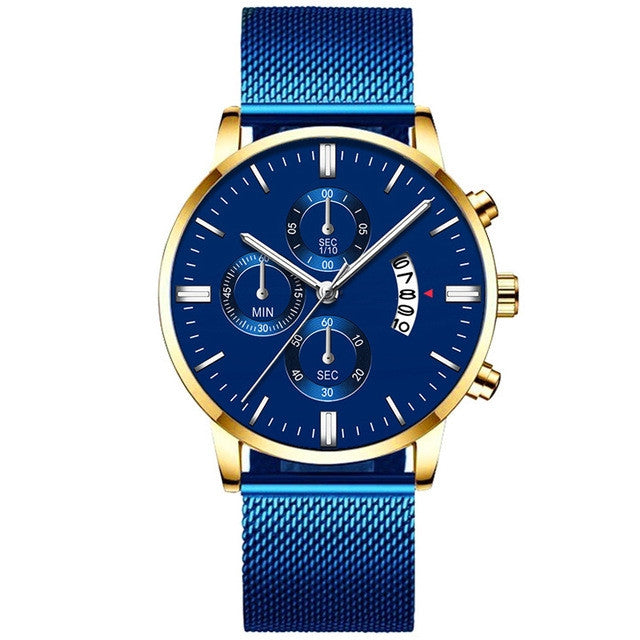 Men's gold and blue chronograph wristwatch with mesh band, modern style from FashionRay