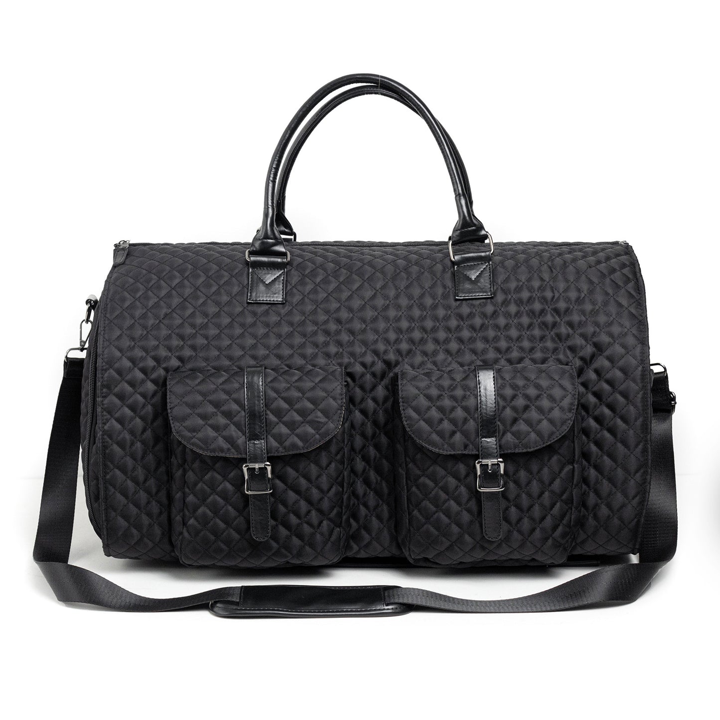 Quilted black duffel bag with dual front pockets and handles, FashionRay trendy travel accessory