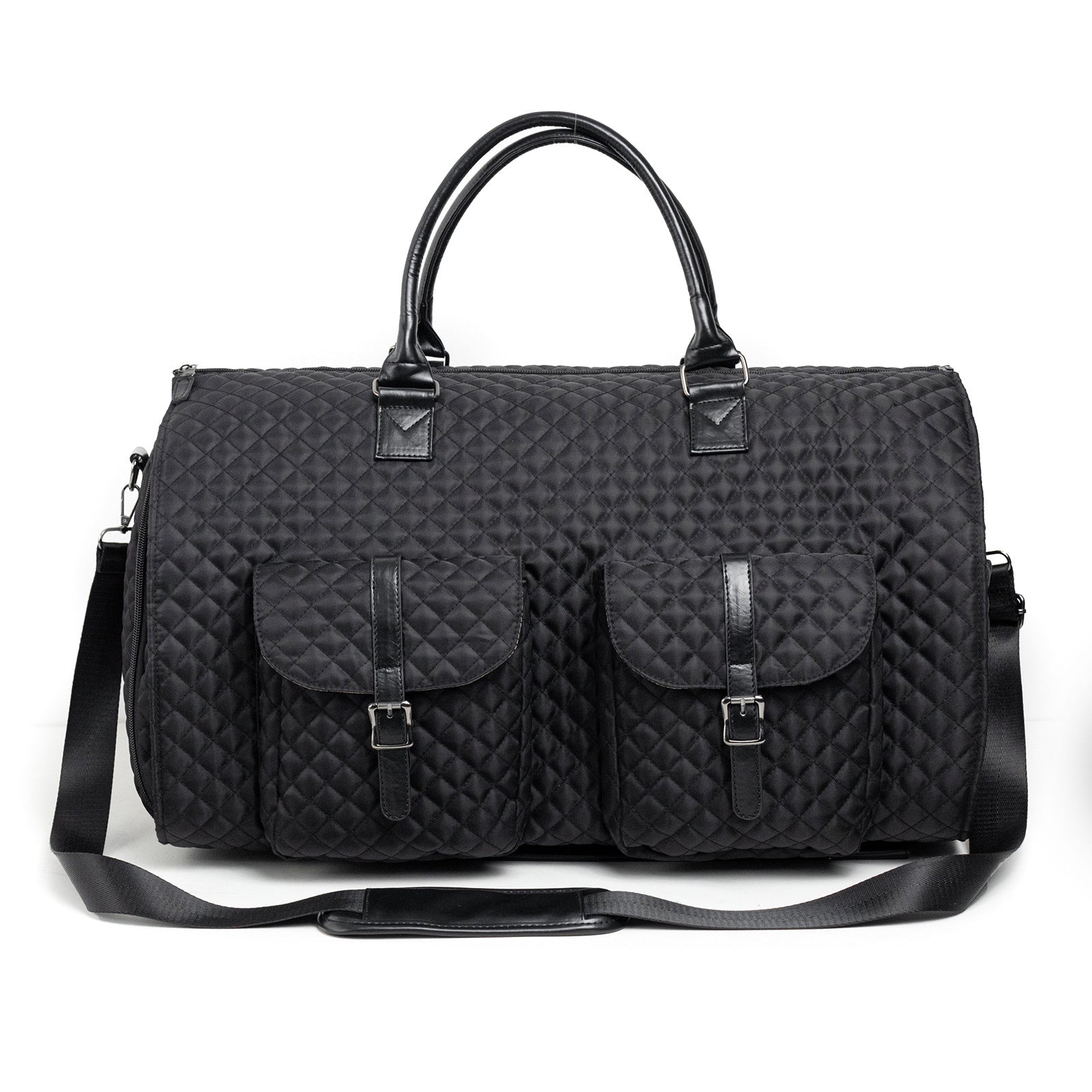 Quilted black duffel bag with dual front pockets and handles, FashionRay trendy travel accessory