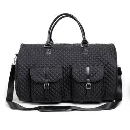 Quilted black duffel bag with dual front pockets and handles, FashionRay trendy travel accessory