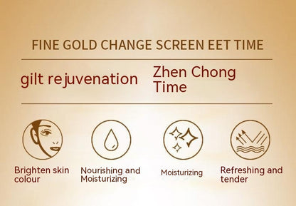 Gold skincare product benefits chart with icons, text on brightening, moisturizing, and rejuvenation on FashionRay.