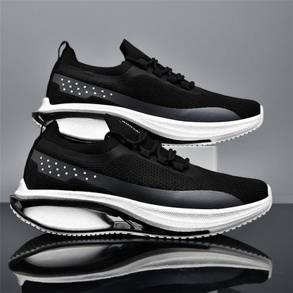 FashionRay black mesh running sneakers with thick white soles, stylish and modern design