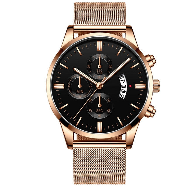 Rose gold mesh band watch with black dial, chronograph subdials, and date window by FashionRay