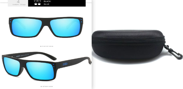 Black sunglasses with blue mirrored lenses and a hard black carrying case from FashionRay